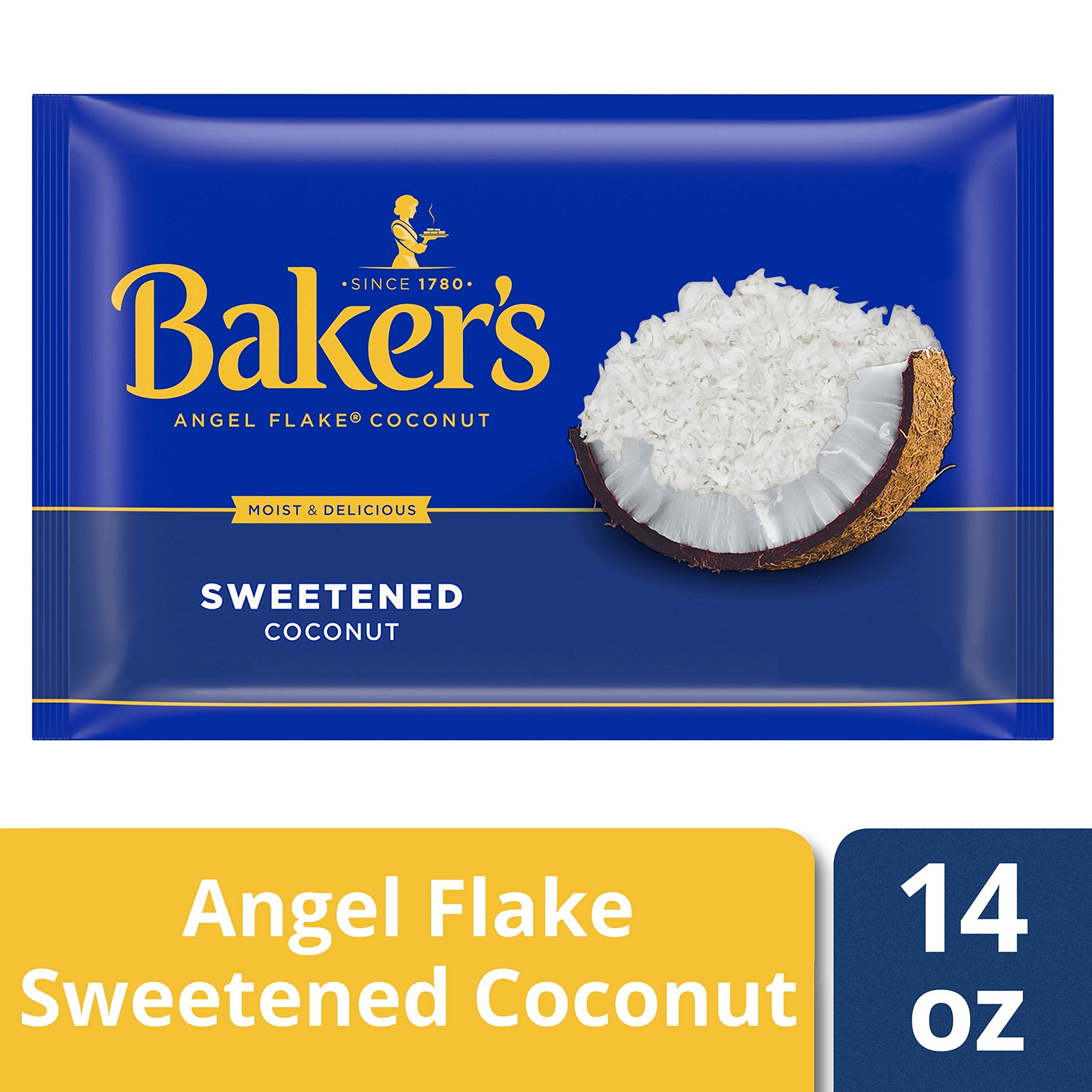 Baker's open bag with moist coconut flakes showing ready-to-use freshness
