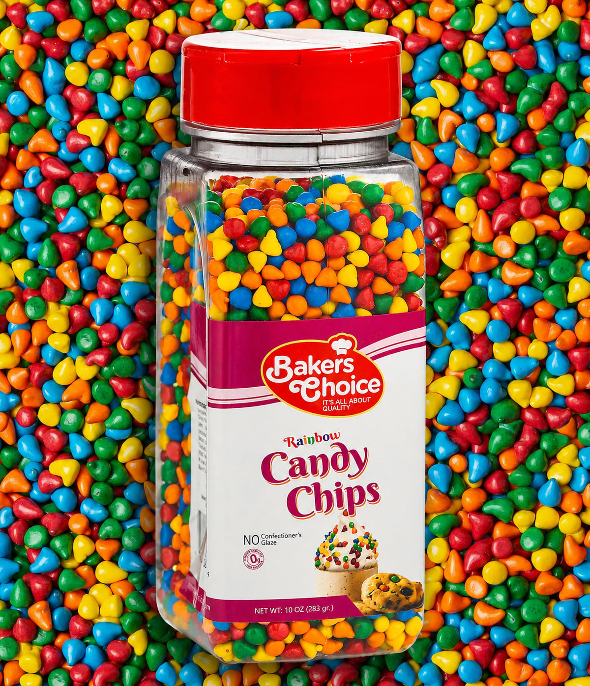 Baker's Choice front packaging showing 10 oz tub and colorful chips for easy use
