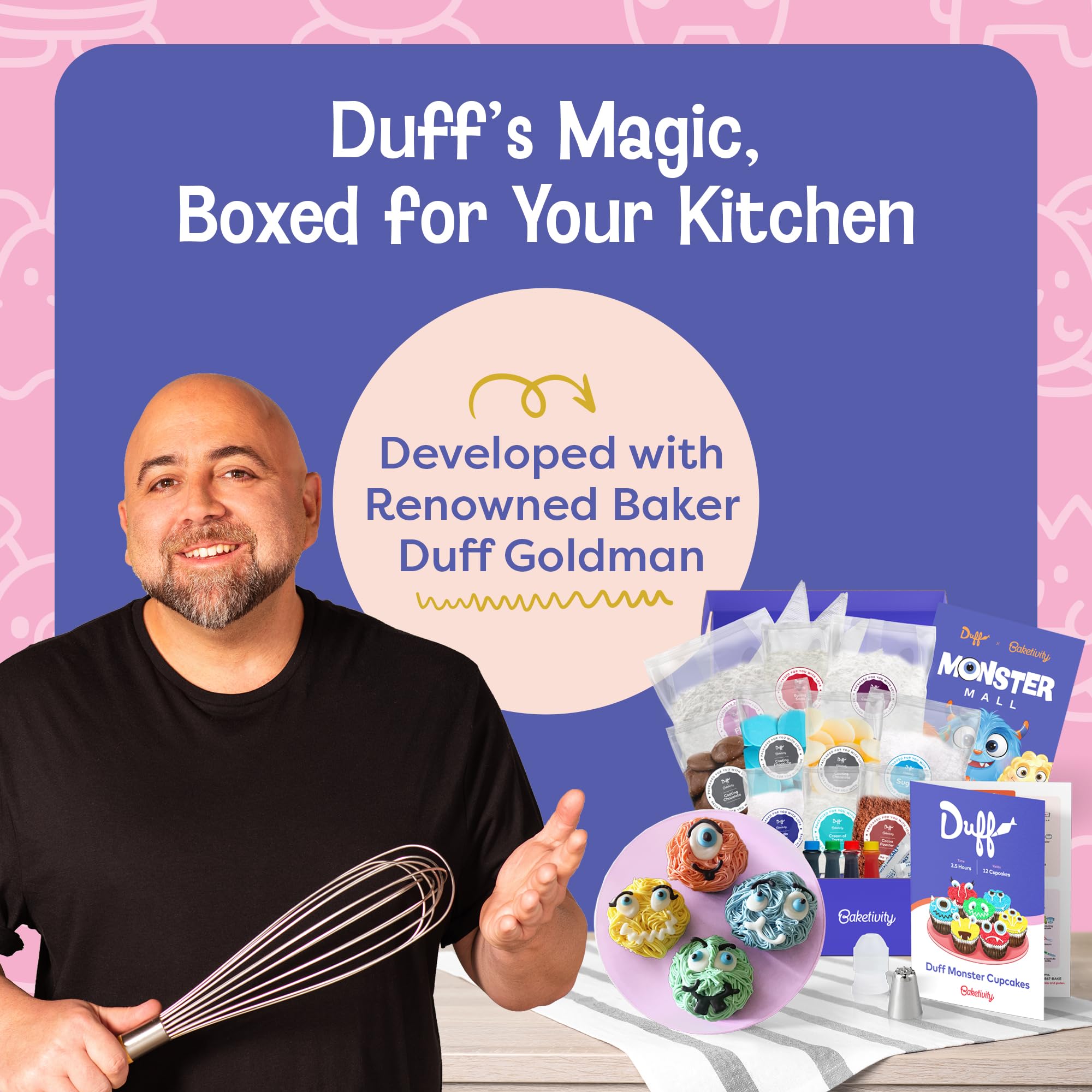 Baketivity child using tools to decorate cupcakes guided by Duff Goldman video