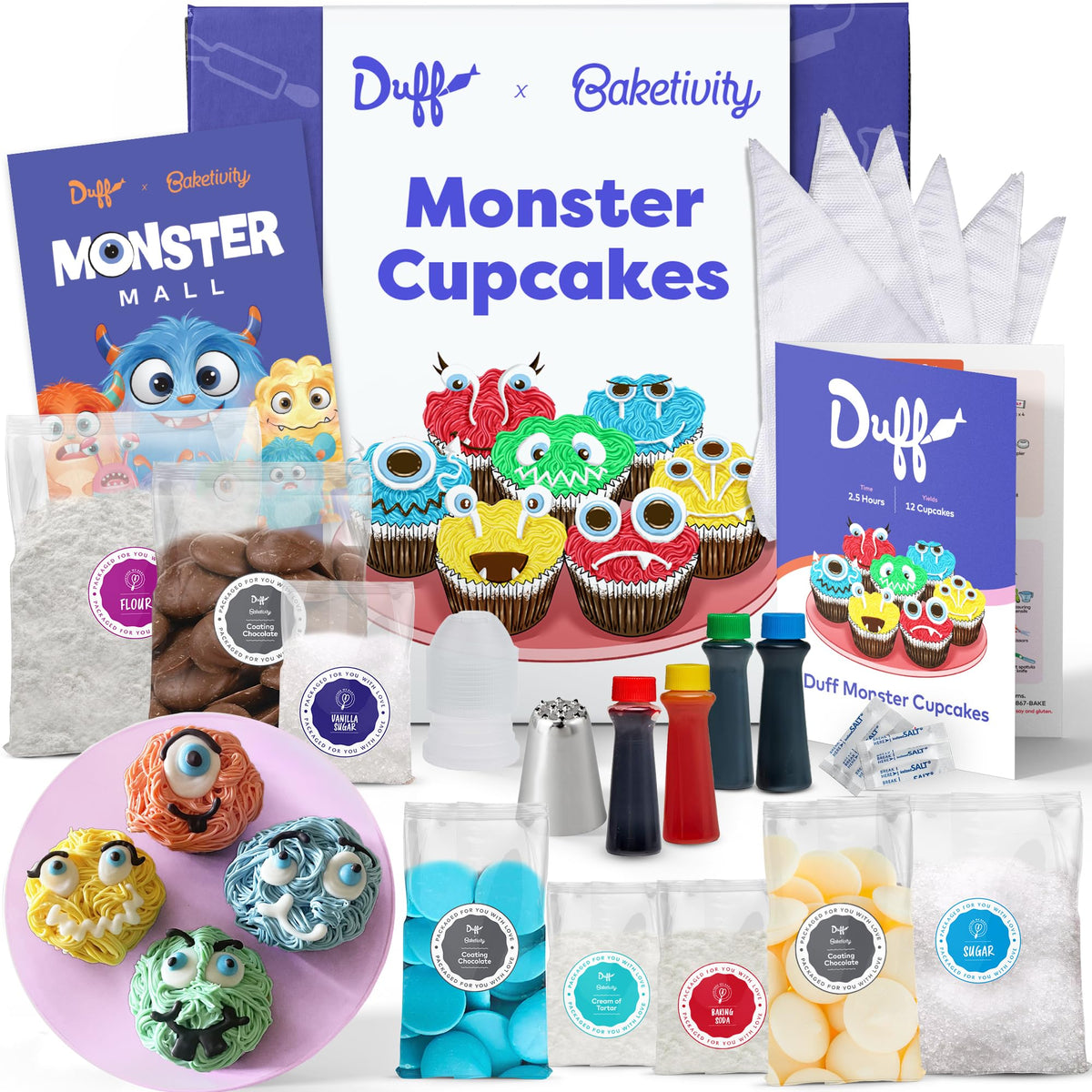 Baketivity packaging showing kit contents and fun monster designs for quick setup