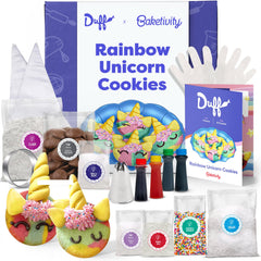 Baketivity front packaging showing unicorn cookies kit and Duff Goldman branding, inspires creativity