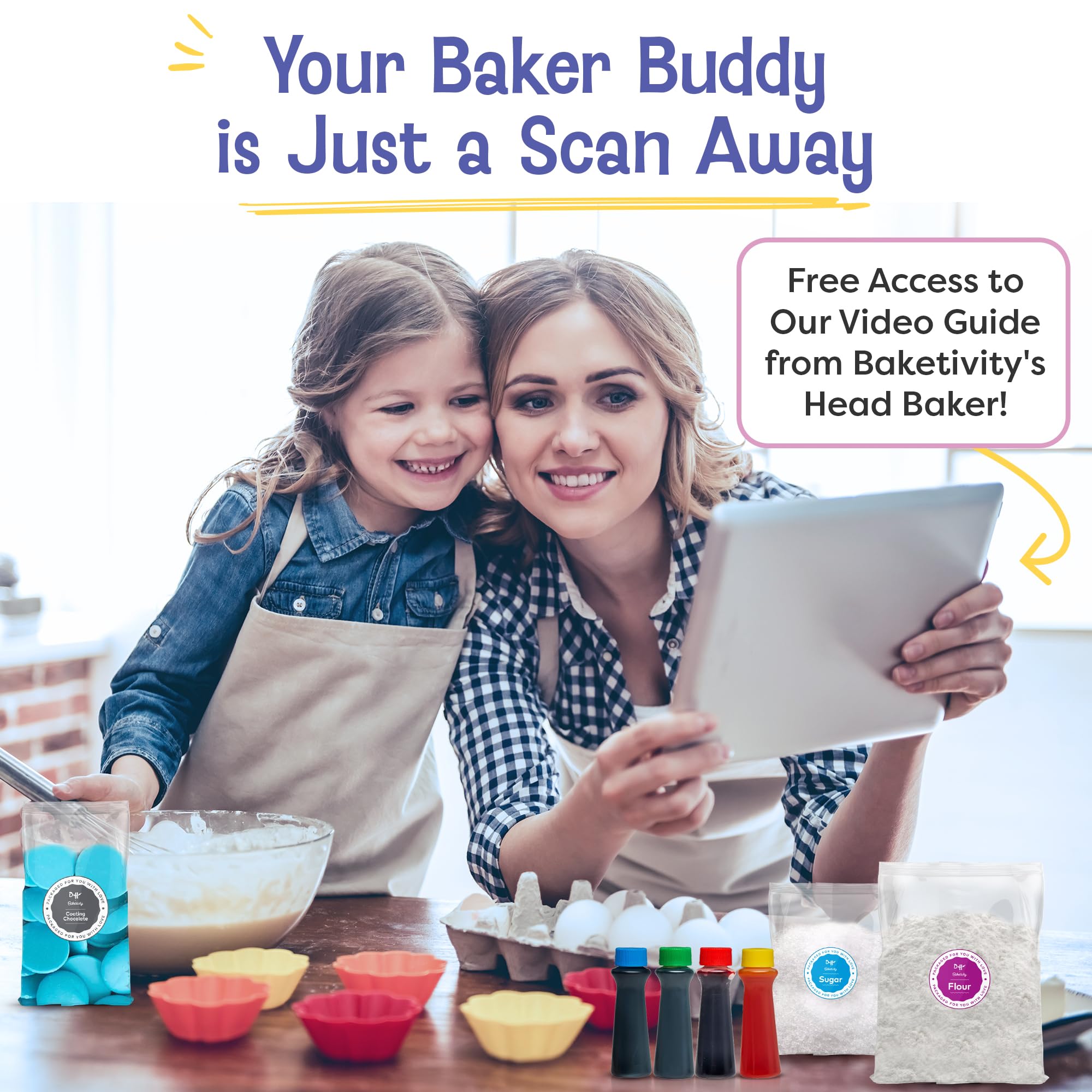 Baketivity label with QR code linking to Duff Goldman tutorial for guided help