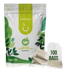 balibetov front packaging showing 100-count organic tea bags and clear labeling, promotes convenience