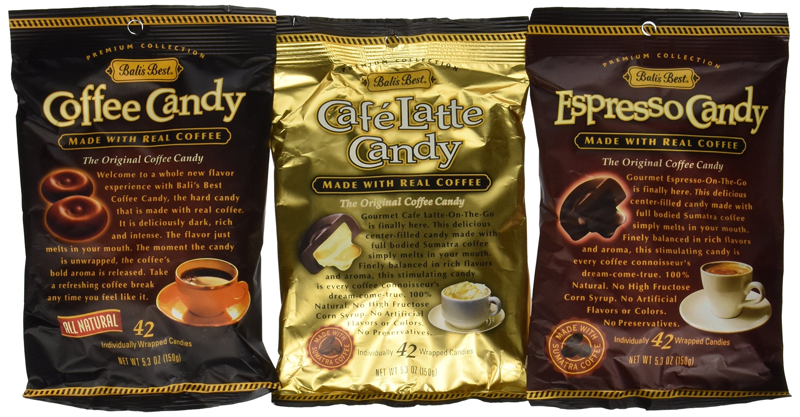 Bali's Best front packaging showing three 5.3oz coffee candy packs for quick flavor
