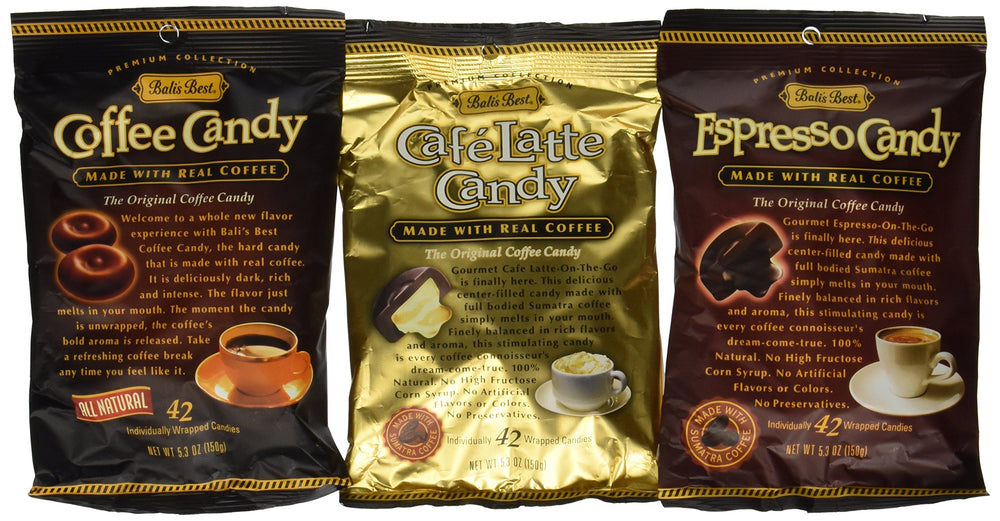 Bali's Best front packaging showing three 5.3oz coffee candy packs for quick flavor