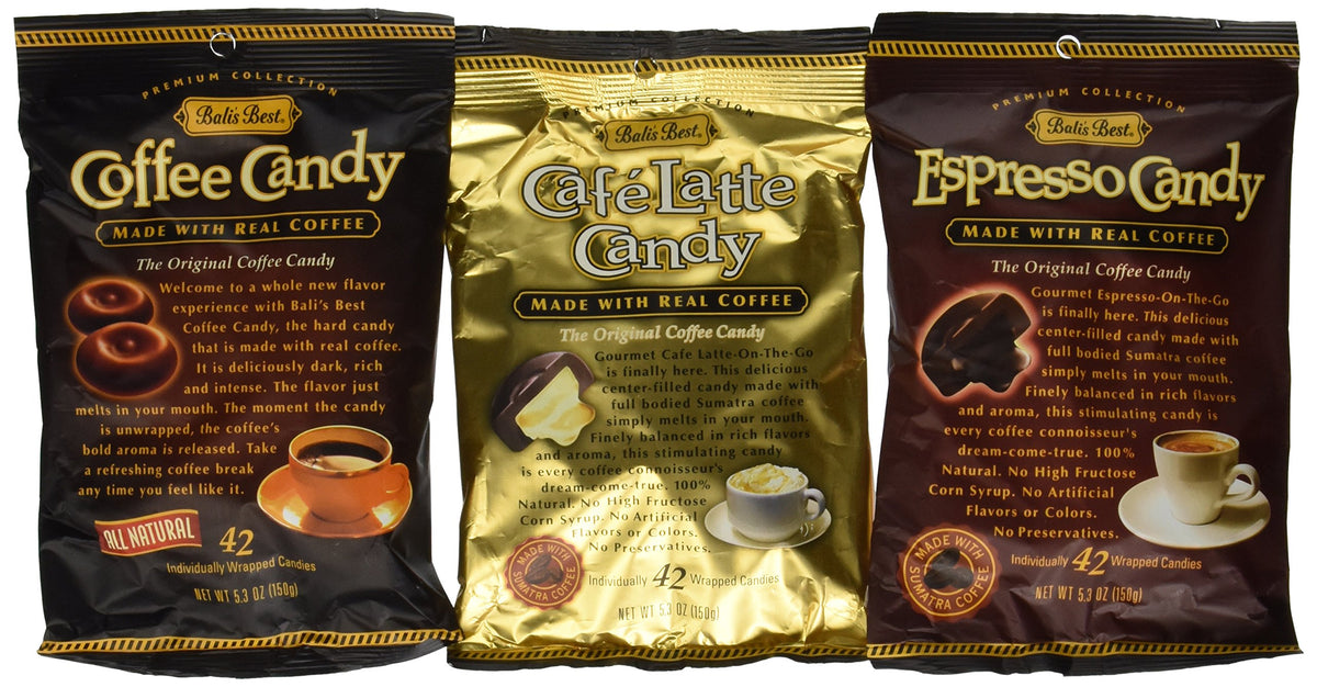 Bali's Best front packaging showing three 5.3oz coffee candy packs for quick flavor