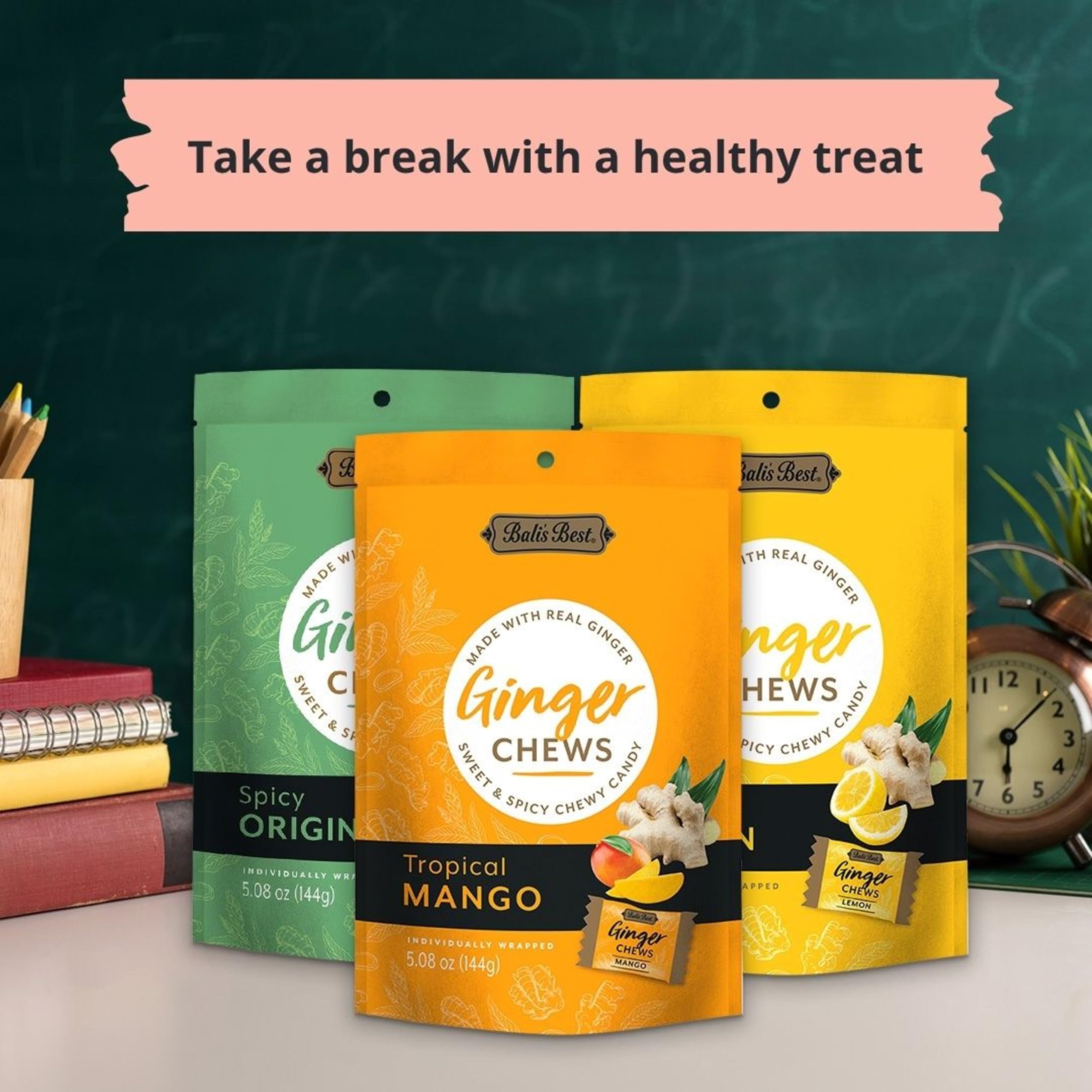 Bali's Best close-up of soft chew texture highlighting chewable candy and real ginger pieces