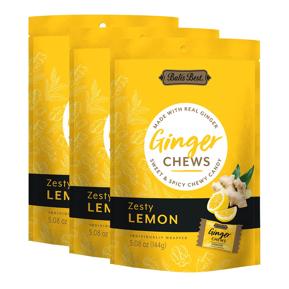 Bali's Best front pack view showing lemon ginger chews and clear branding, easy identification