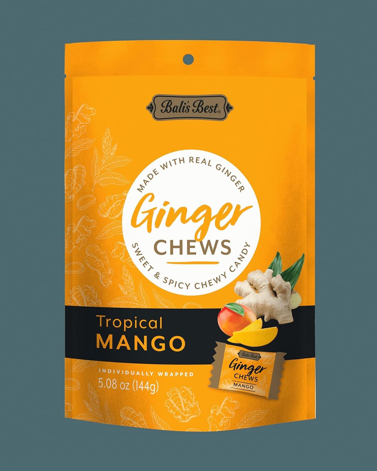 Bali's Best chews single-piece texture showing soft mango-ginger bite appeal