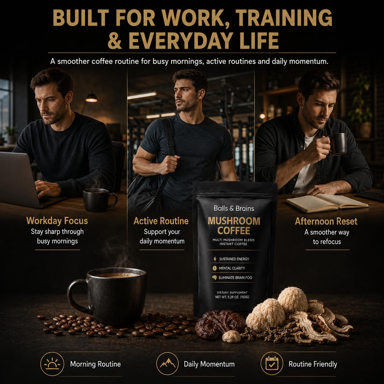balls & brains mushrooms and herbs display highlighting functional blend for balanced vitality