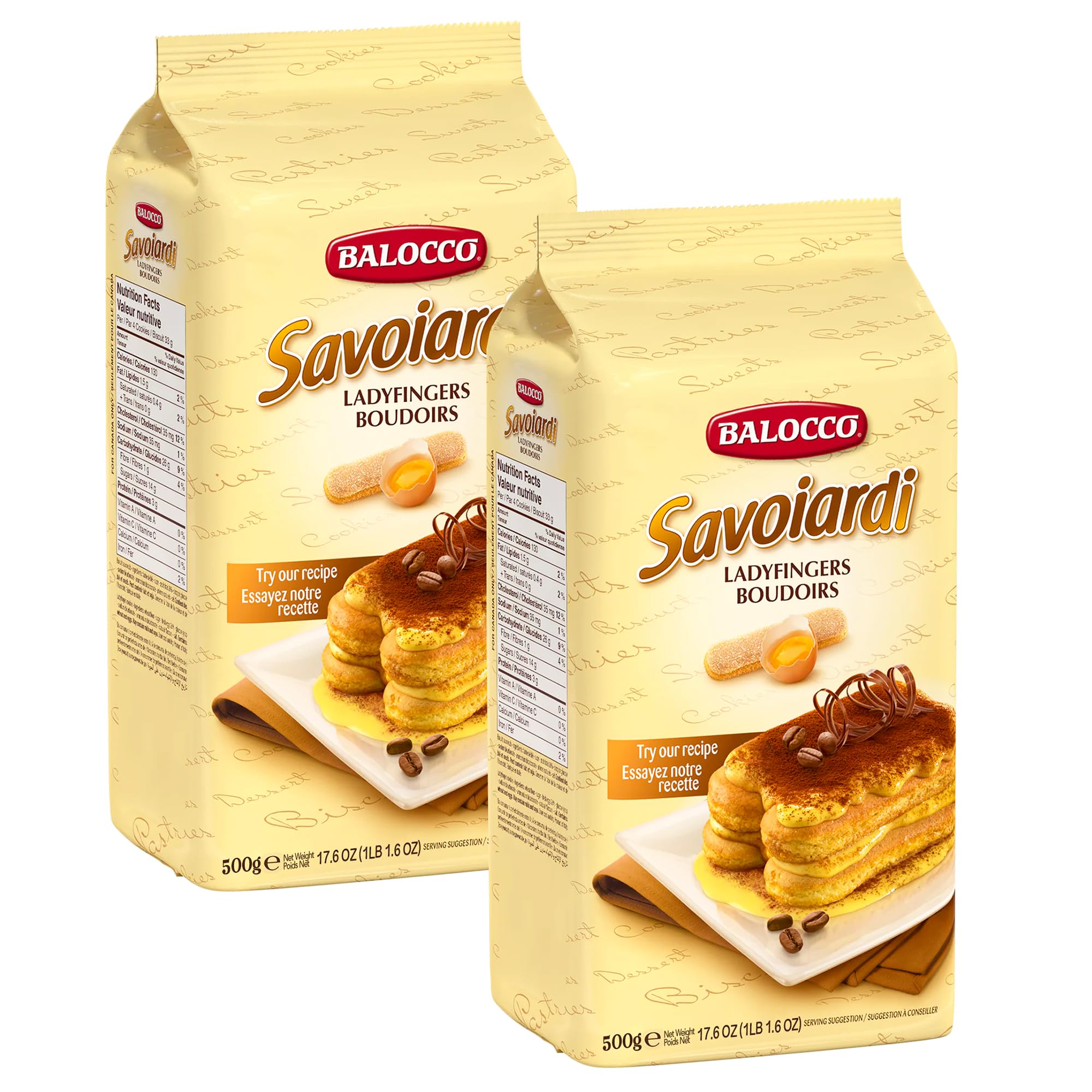 Balocco Savoiardi front packaging showing two 17.6 oz packs and dessert-ready benefit