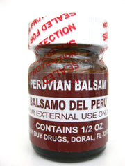 Balsamo Del Peru front bottle showing label and glass for easy identification and precise dosing
