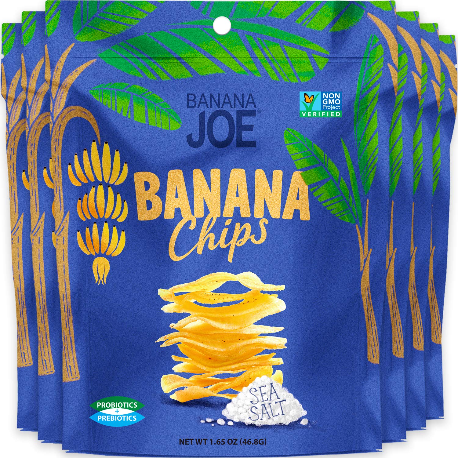 Banana Joe front packaging showing sea salt chips and probiotic claim benefits digestion