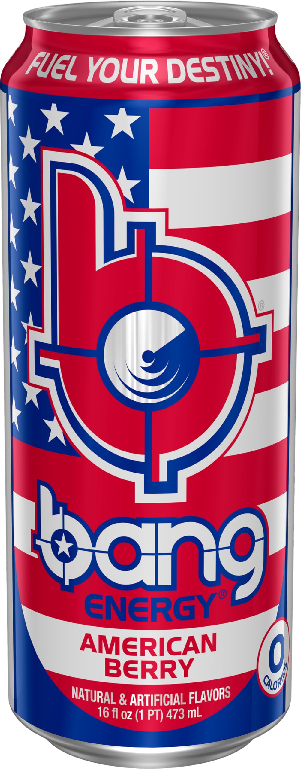 Bang American Berry close-up label highlighting ingredients and zero sugar benefit