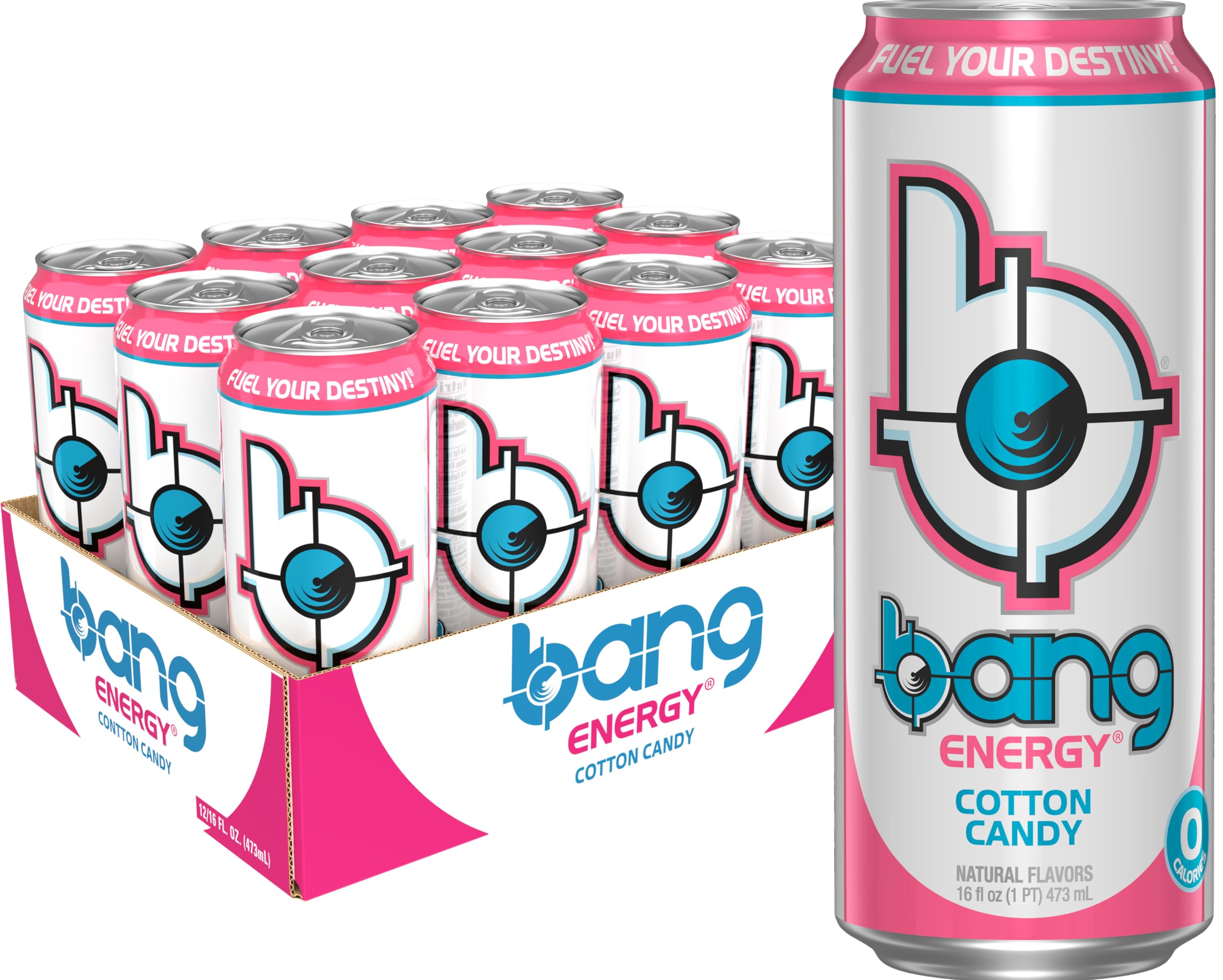 BANG cotton candy can in hand showing 16-ounce scale and portability