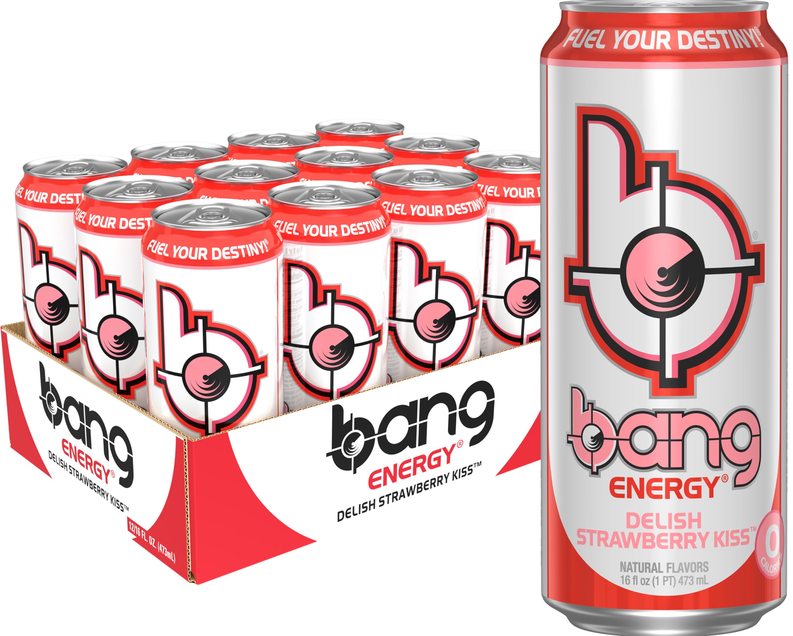BANG Delish Strawberry Kiss front can showing label and 16 fl oz size, energizes pre-workout