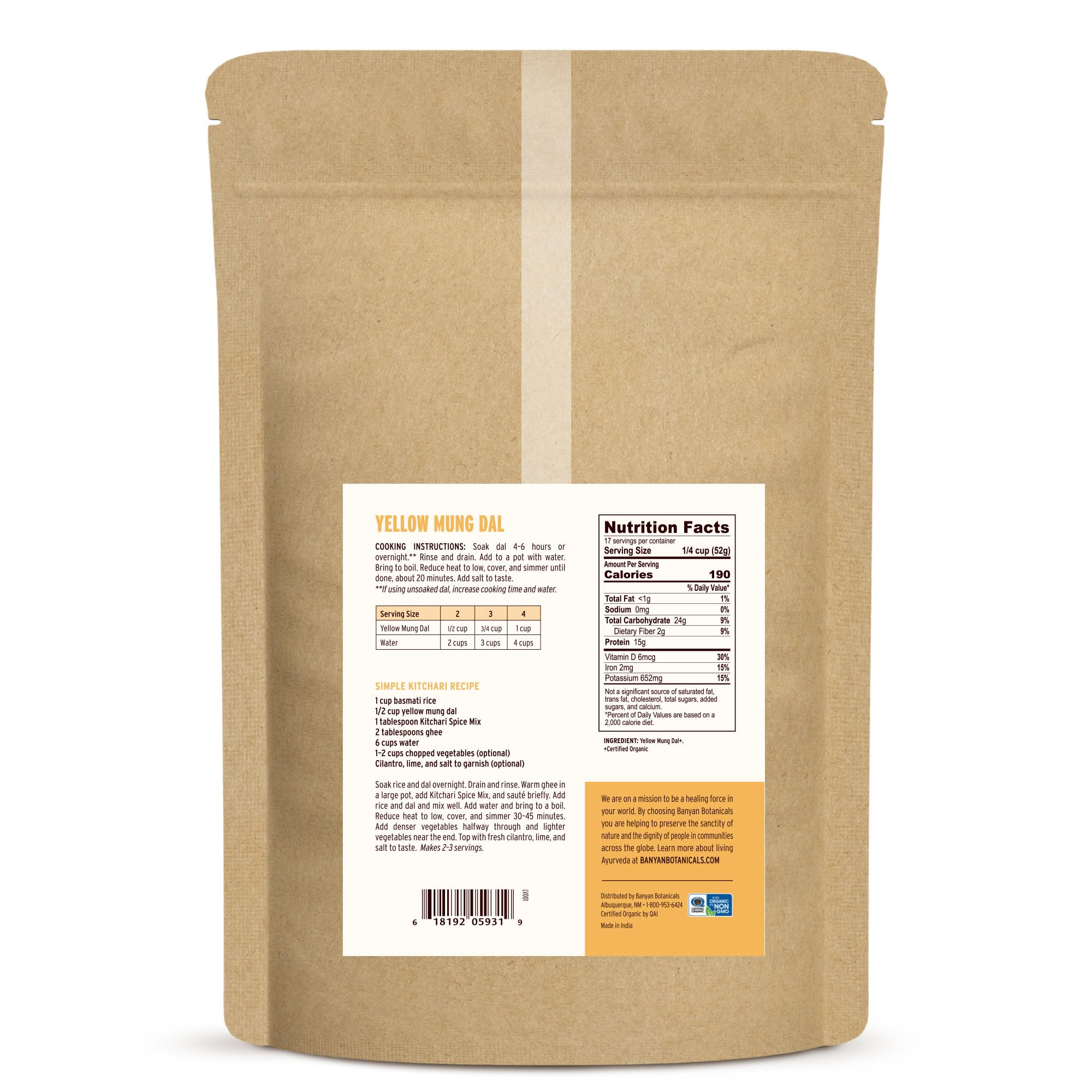 Banyan Botanicals 2 lb bag beside measuring cup showing pantry-ready size