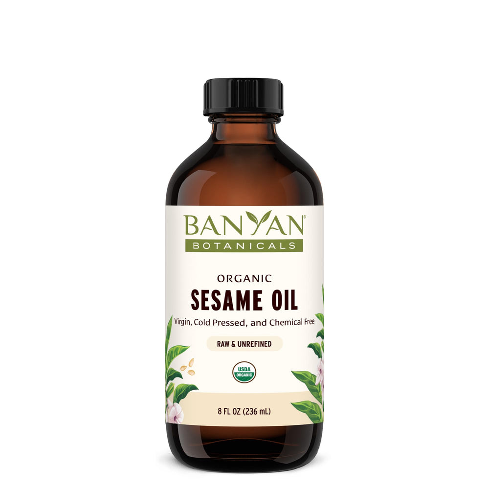 Banyan Botanicals bottle front view showing organic sesame oil benefits