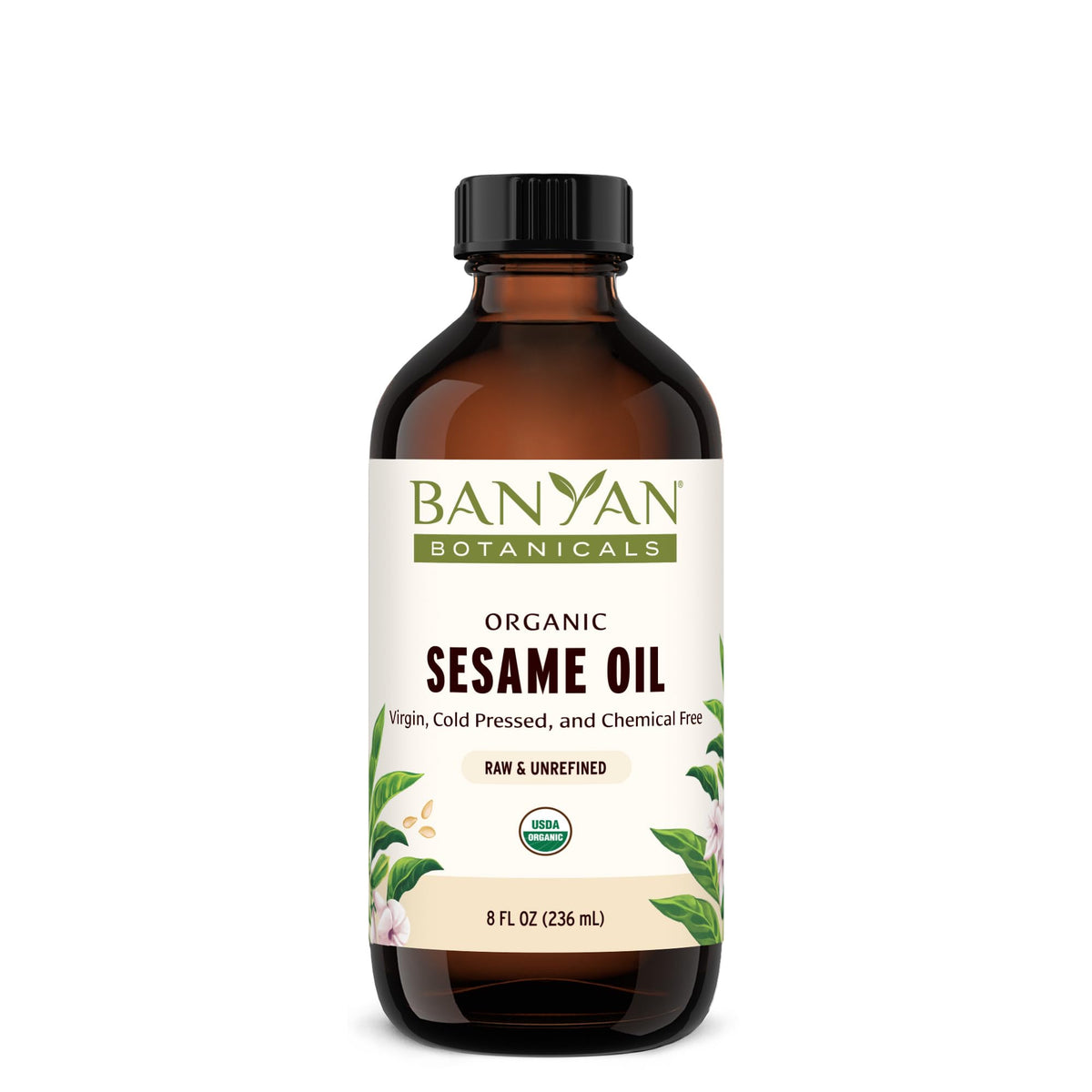 Banyan Botanicals bottle front view showing organic sesame oil benefits