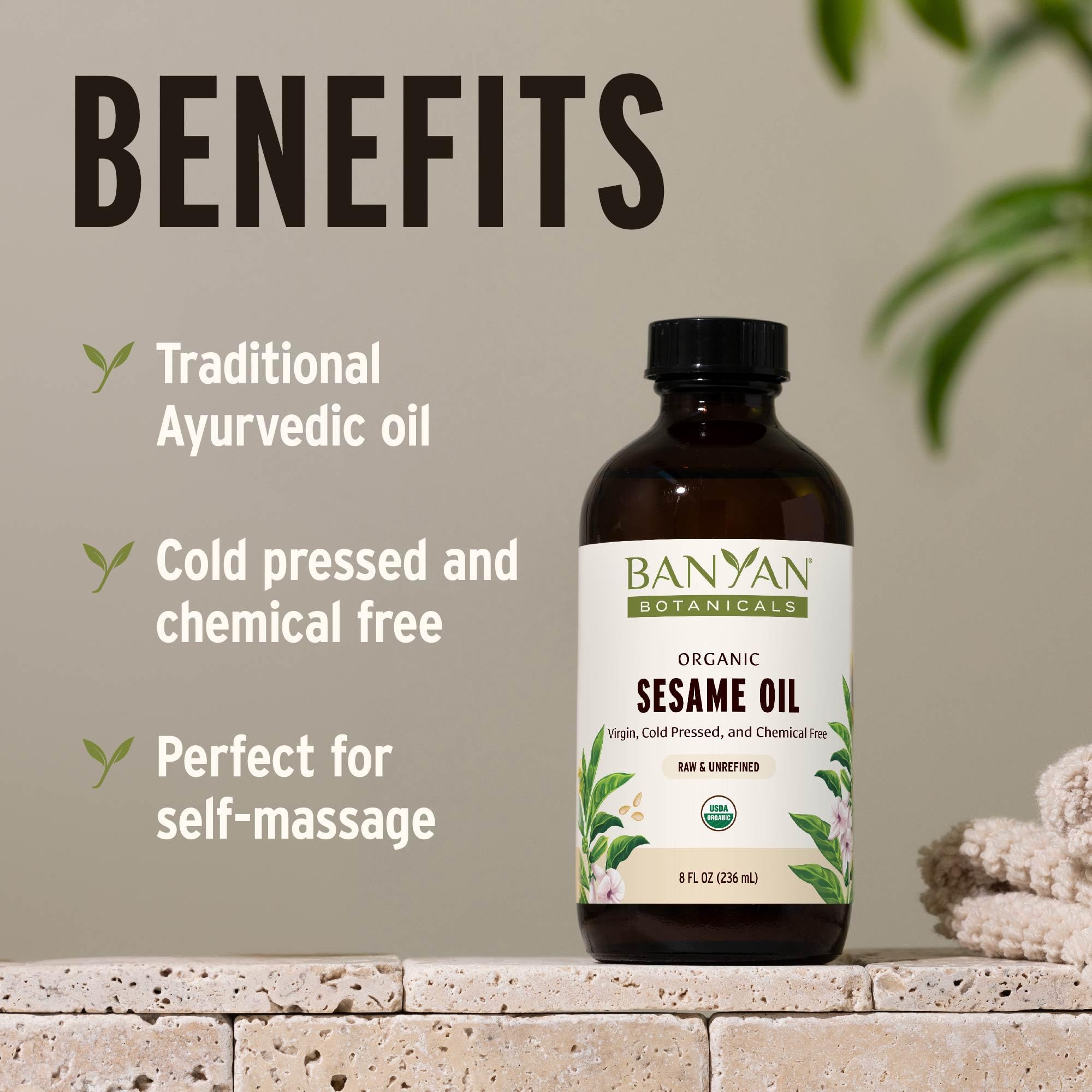 Close-up of Banyan Botanicals sesame oil pouring for smooth application