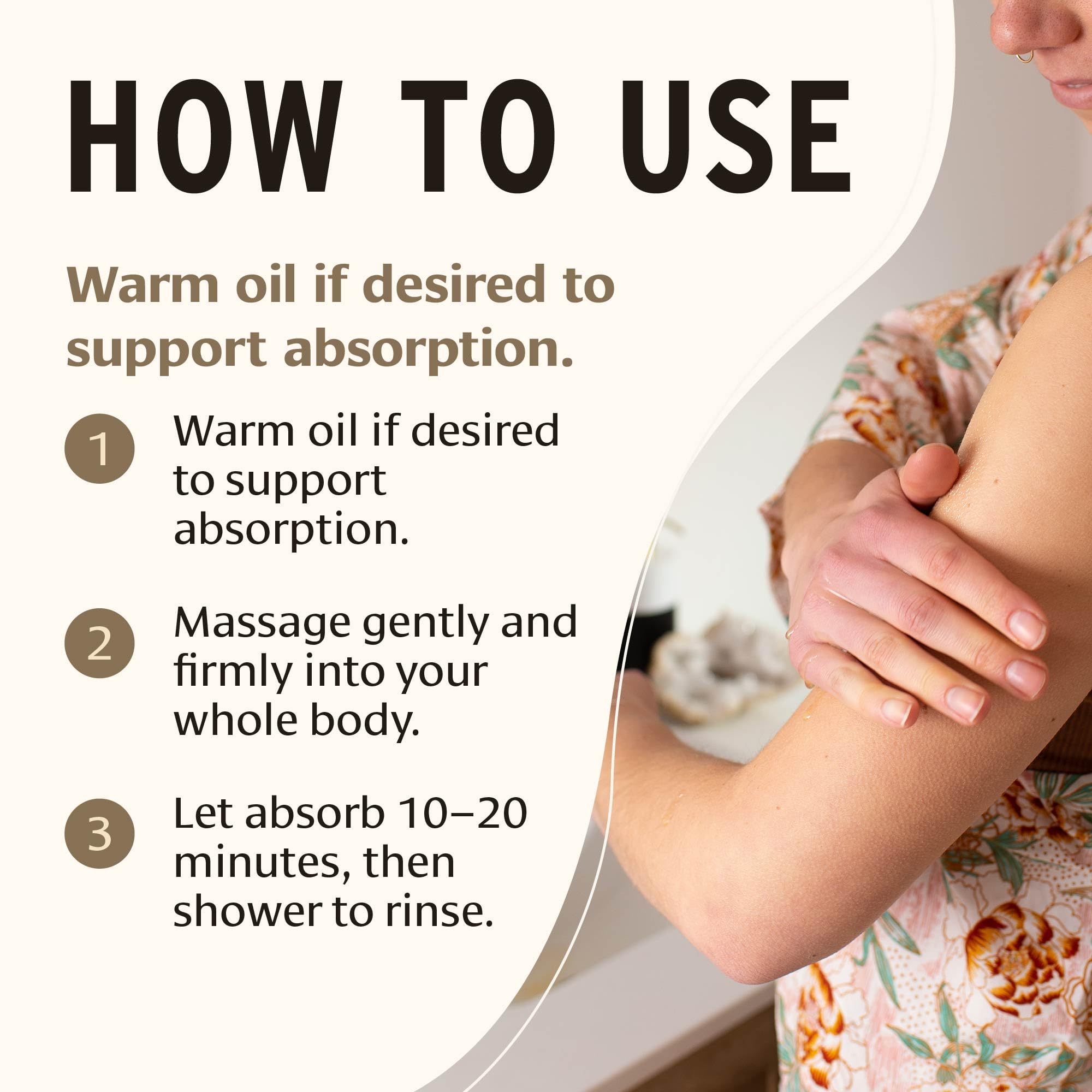 Hand-held texture of Banyan Botanicals sesame oil demonstrating nourishment