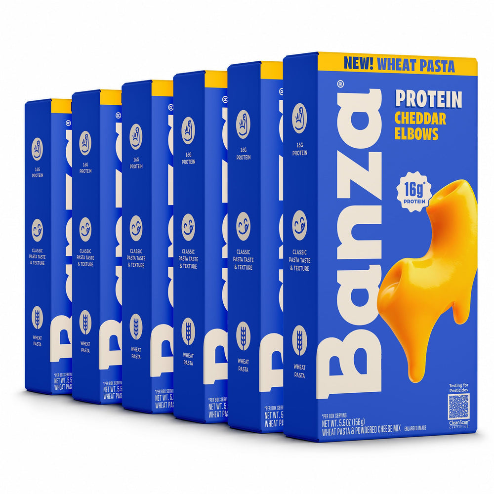 Banza front box showing cheddar mac and cheese and protein callout for convenient meals