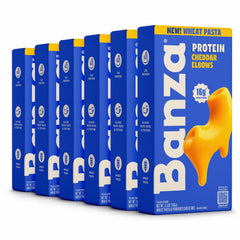 Banza front box showing cheddar mac and cheese and protein callout for convenient meals