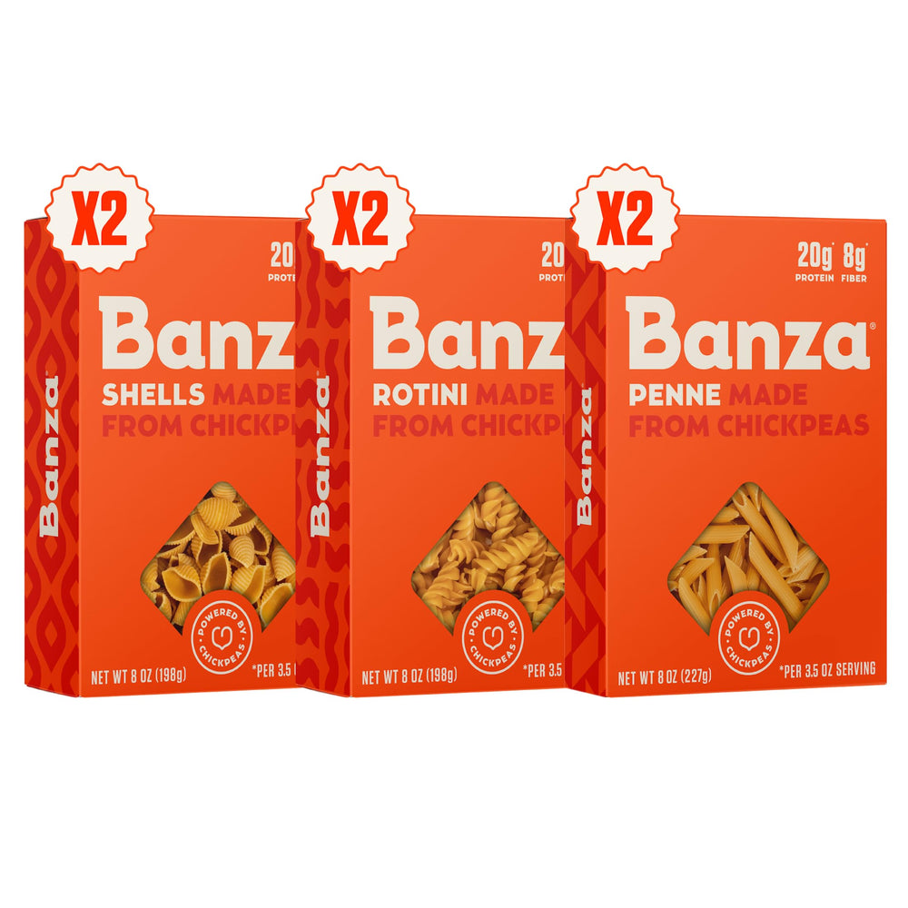 Banza front box variety pack showing bright orange packaging and variety