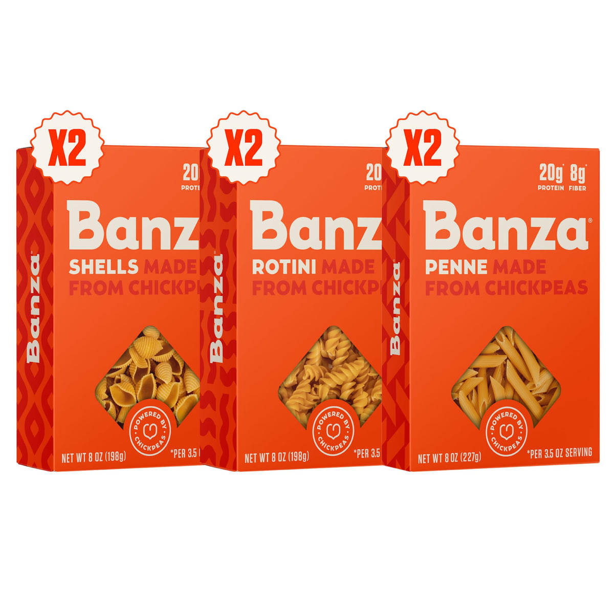 Banza front box variety pack showing bright orange packaging and variety
