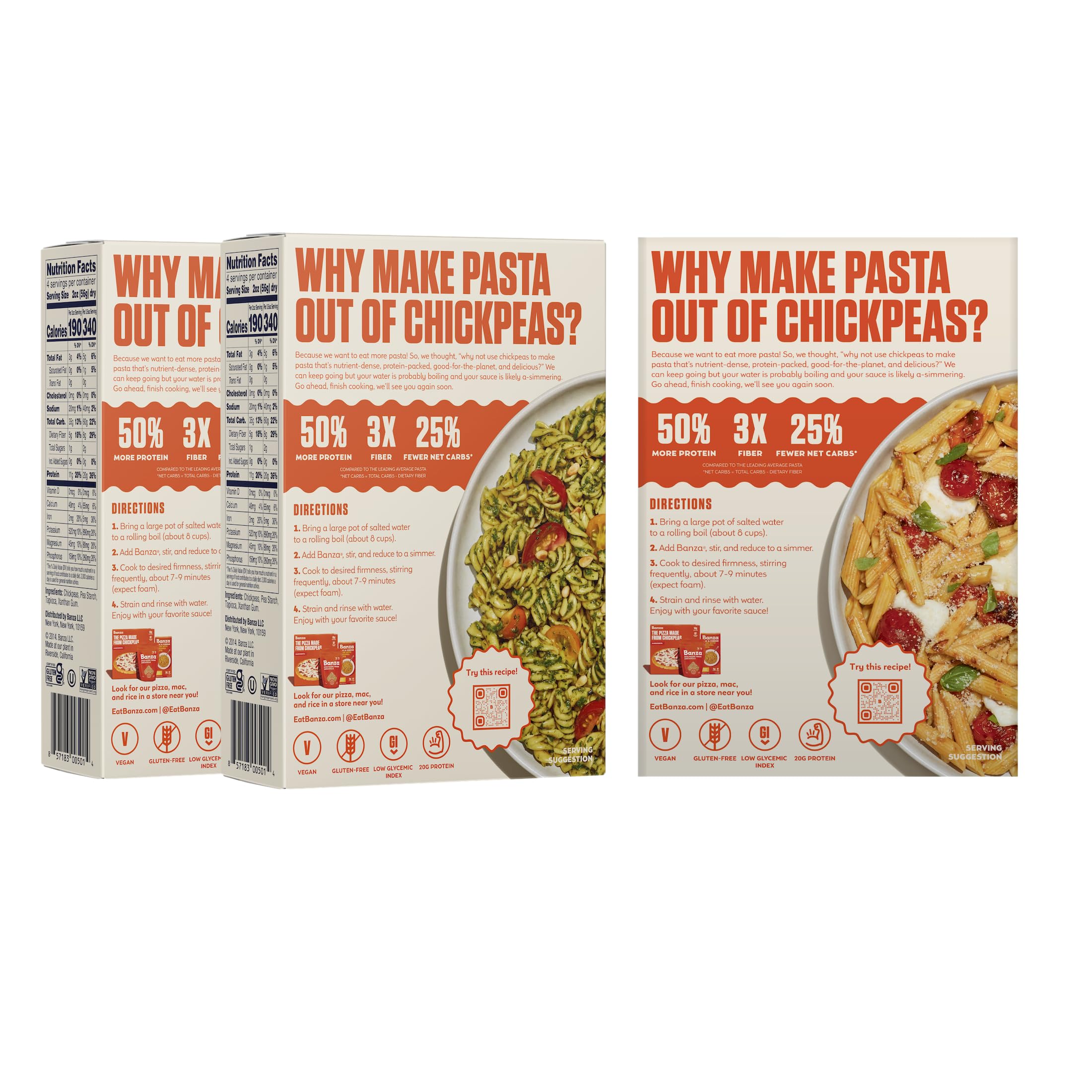 Banza packaging nutrition label showing protein and fiber benefits