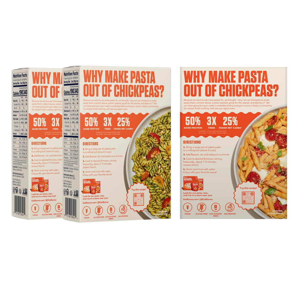 Banza packaging nutrition label showing protein and fiber benefits
