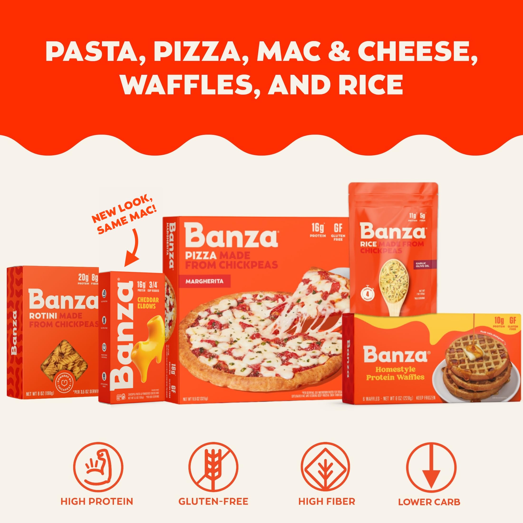 Banza pasta next to a measuring scale showing portion and size benefit