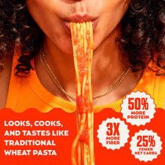 Banza penne close-up texture highlighting firm shape and bite
