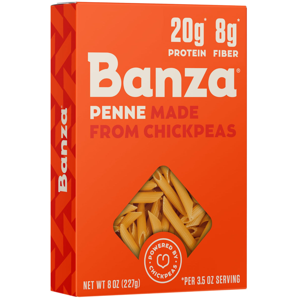 Banza penne front packaging showing branding and benefits