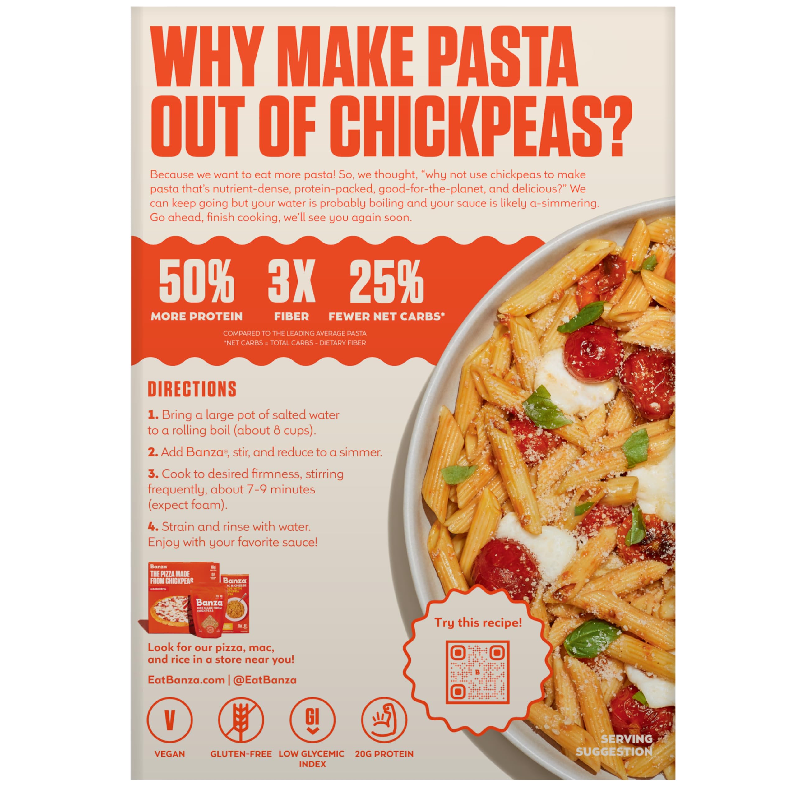 Banza penne next to traditional pasta showing lower-carb portion advantage