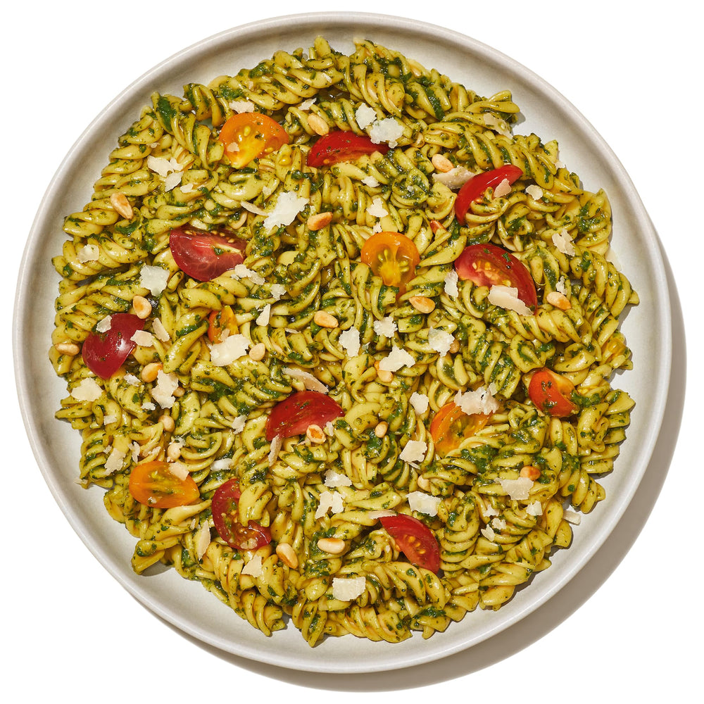 Banza pasta served with vegetables showing a balanced meal benefit