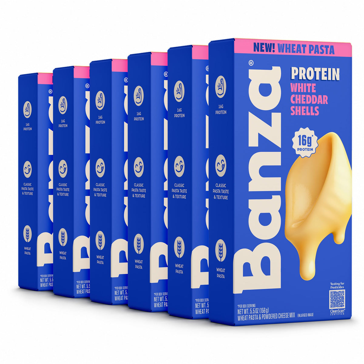 Banza front packaging showing white cheddar protein mac and cheese benefits