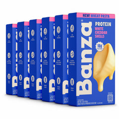 Banza front packaging showing white cheddar protein mac and cheese benefits
