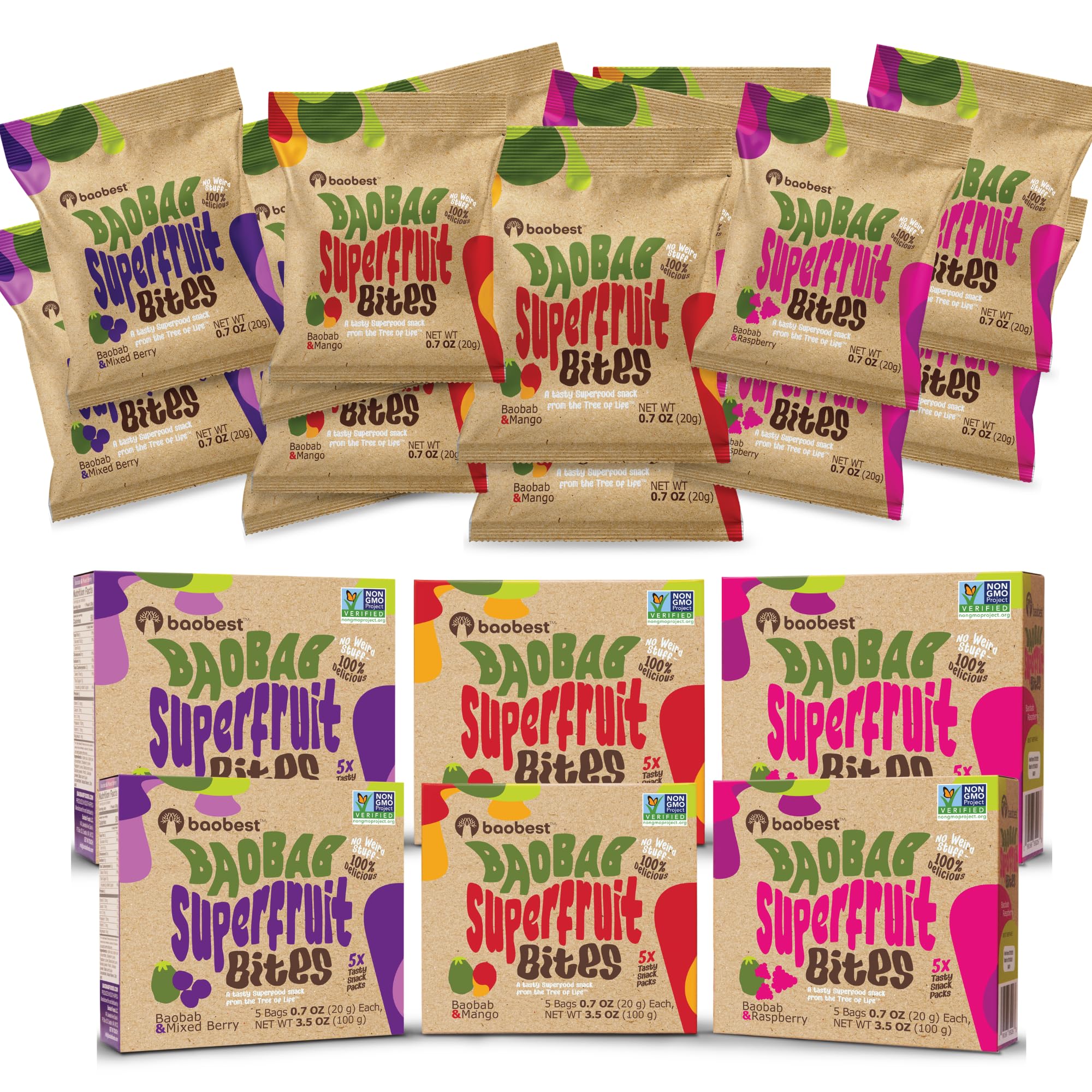 Baobest front packaging showing variety pack and vibrant branding benefits convenience