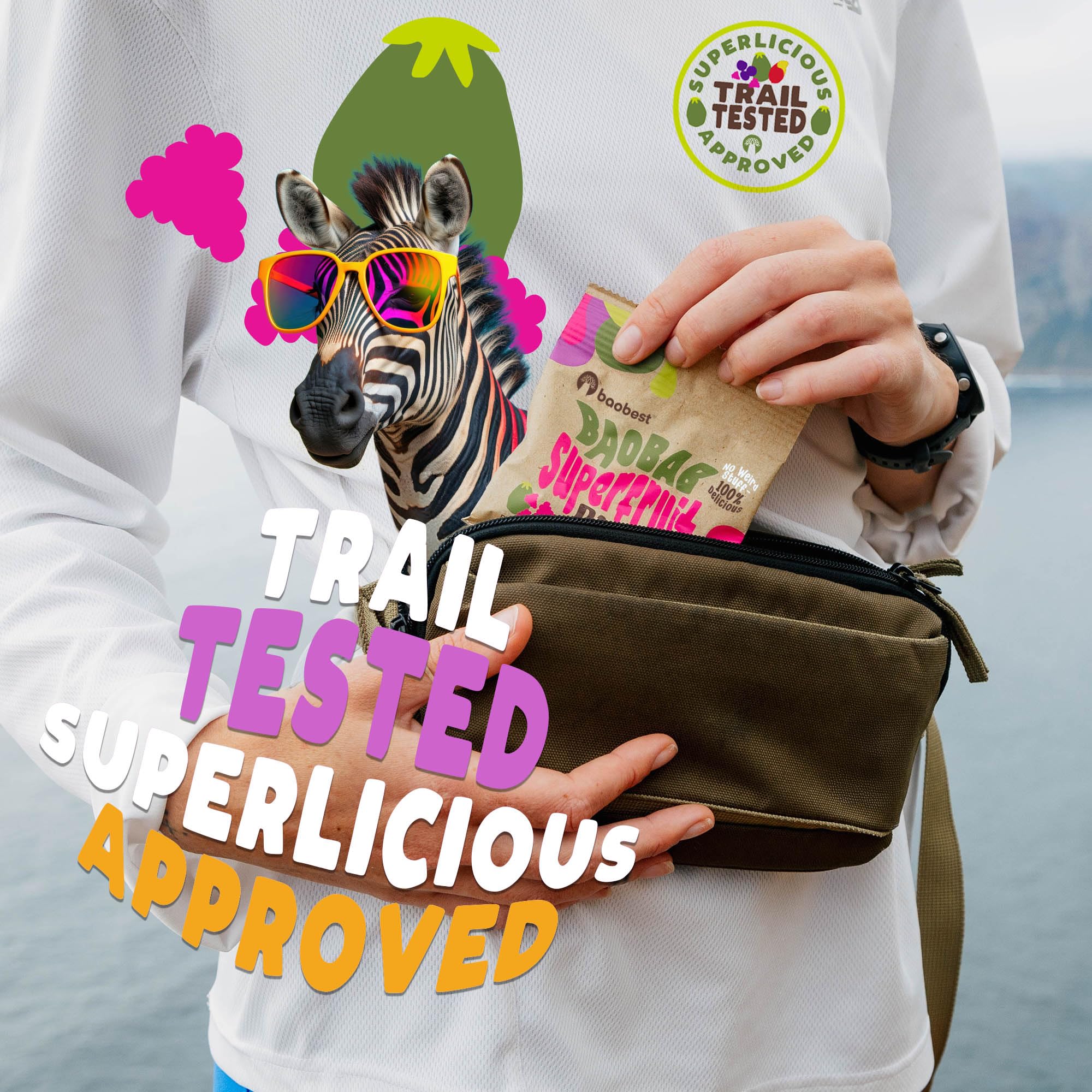 Baobest pouches inside a backpack demonstrating on‑the‑go snack convenience
