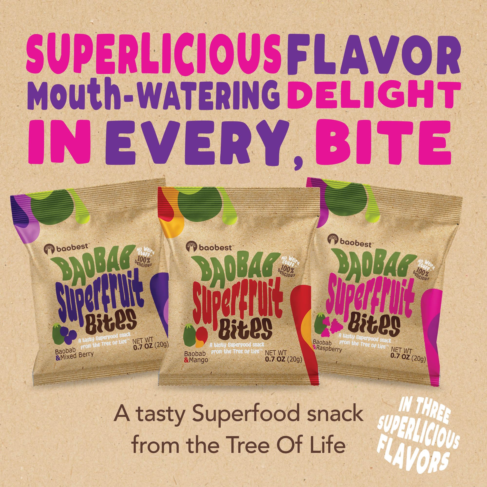 Baobest single serve pouch open with visible bites showing portability and freshness