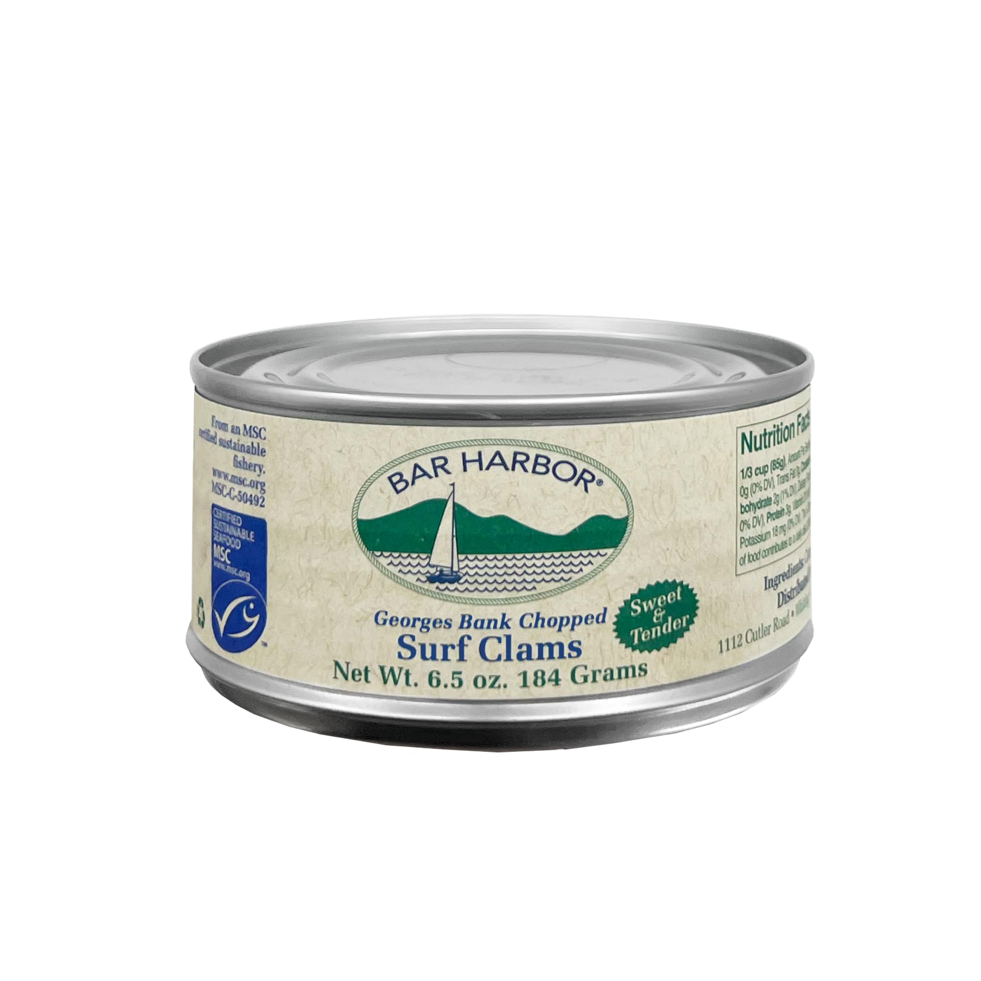 Bar Harbor can beside a spoon to illustrate 6.5 oz scale and portion