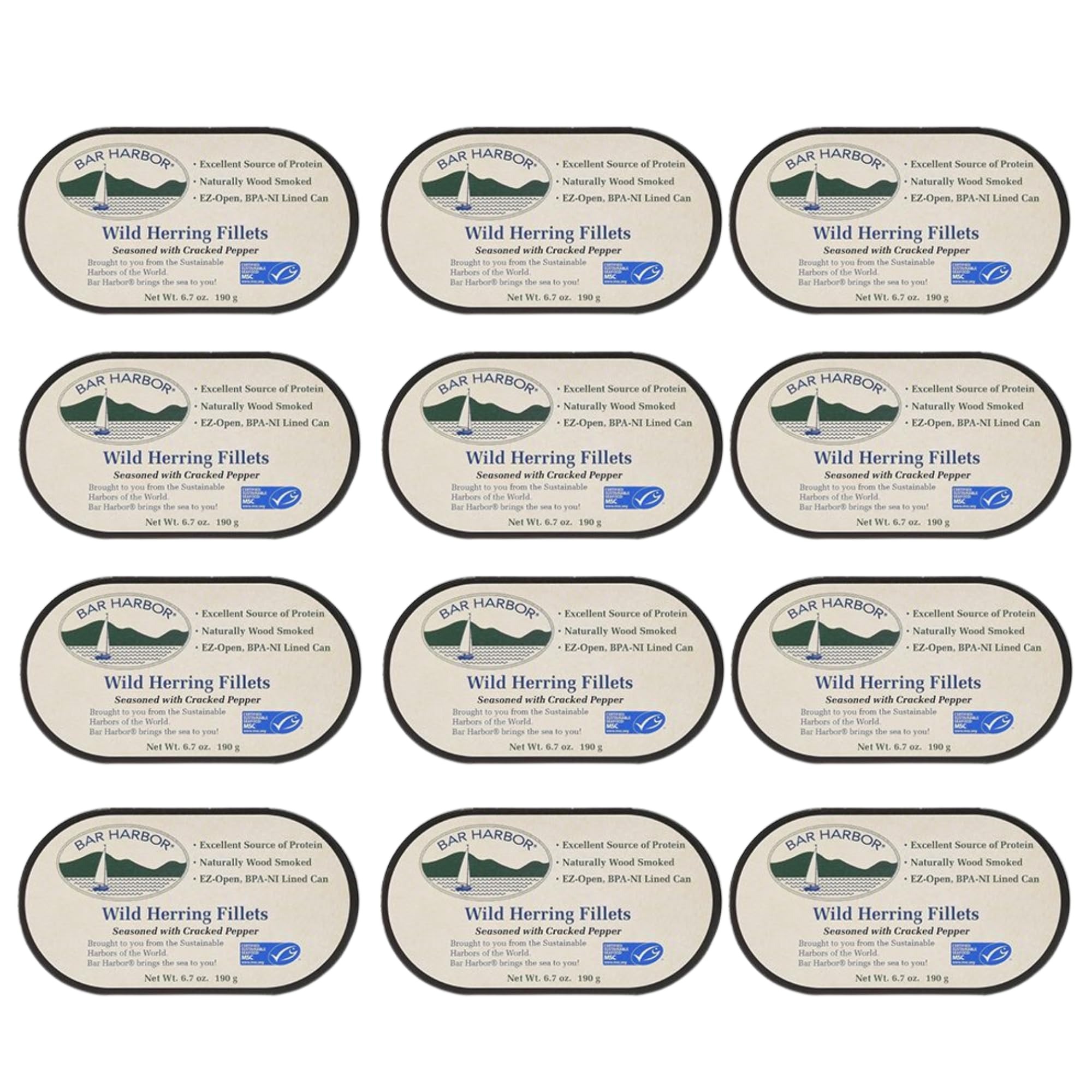 Bar Harbor front can sealed showing label and smoked herring benefits