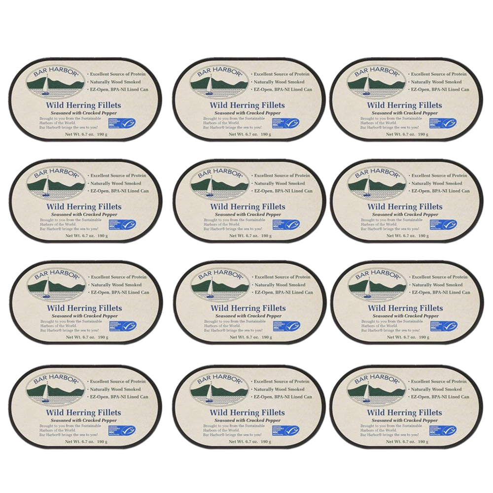 Bar Harbor front can sealed showing label and smoked herring benefits