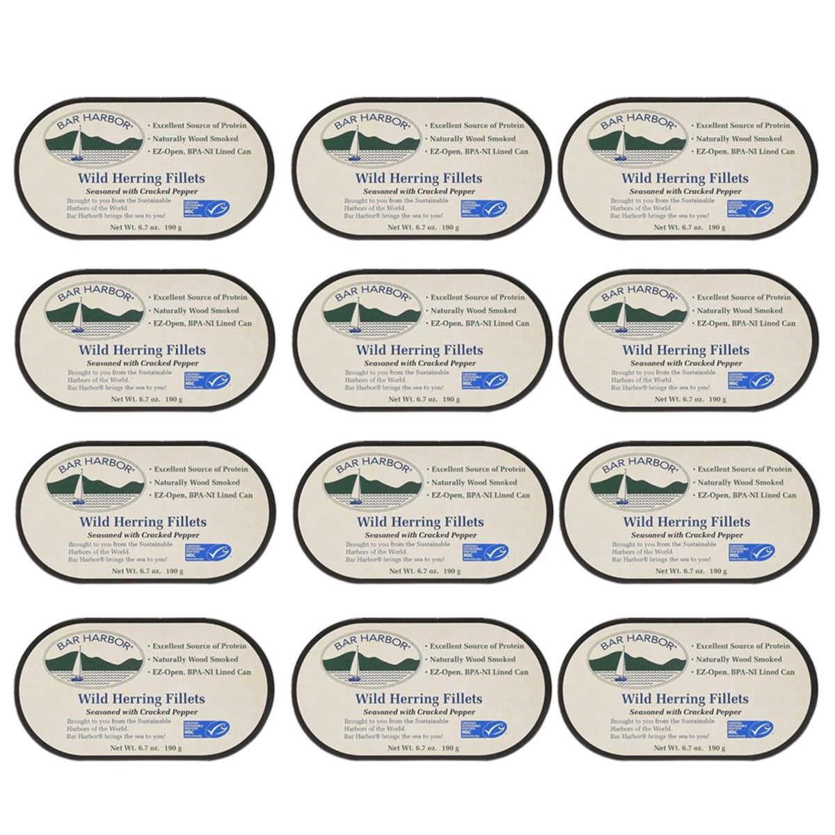 Bar Harbor front can sealed showing label and smoked herring benefits