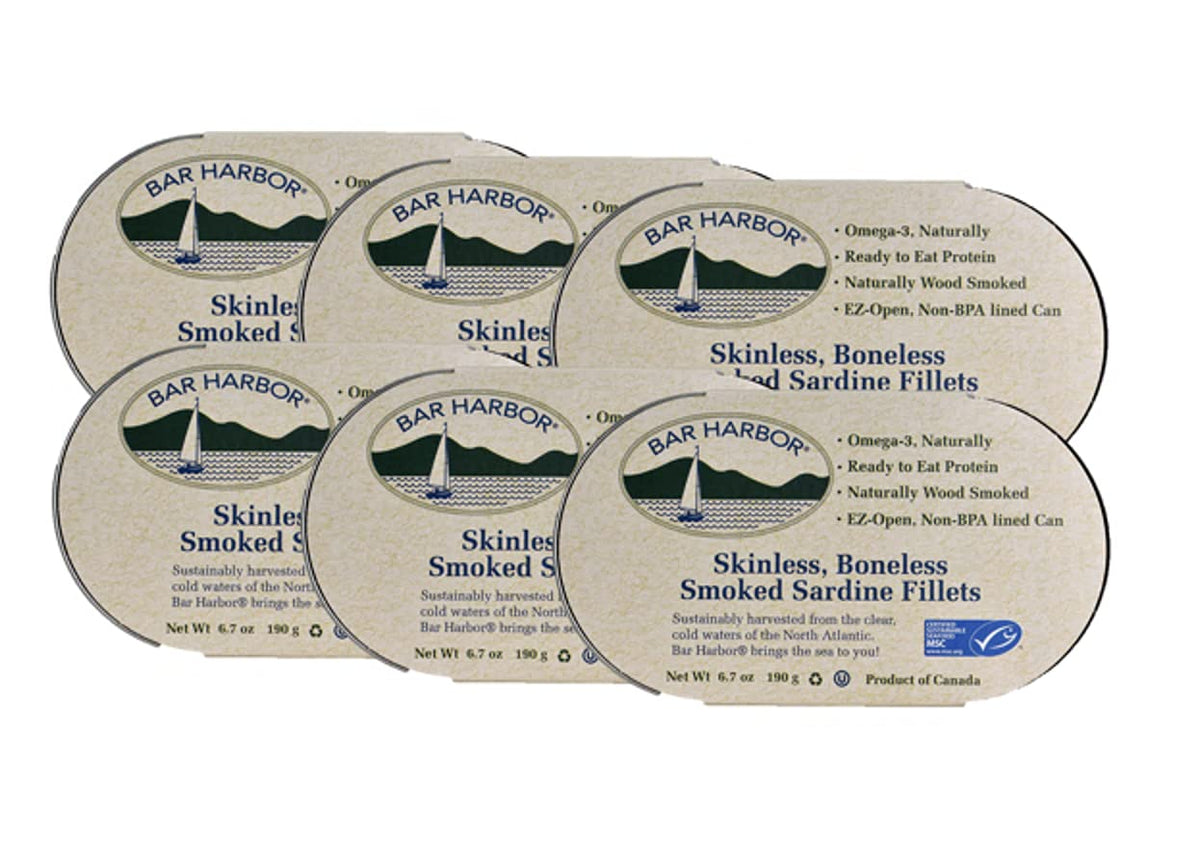 Bar Harbor front can showing smoked sardine label and convenient packaging benefit