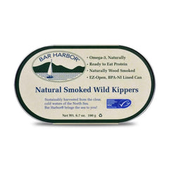 Bar Harbor opened can with whole smoked kippers visible for immediate ready-to-eat appeal