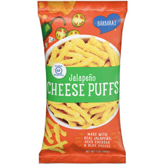 Barbara's Bakery front packaging of jalapeno cheese puffs showing brand and benefit of bold flavor