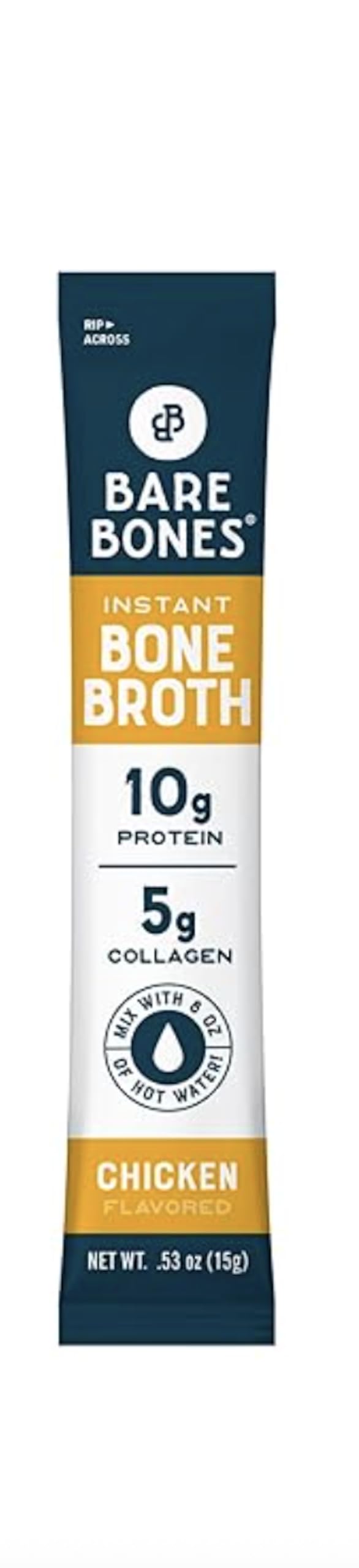 Bare Bones chicken broth front pack showing label and convenience for pantry use