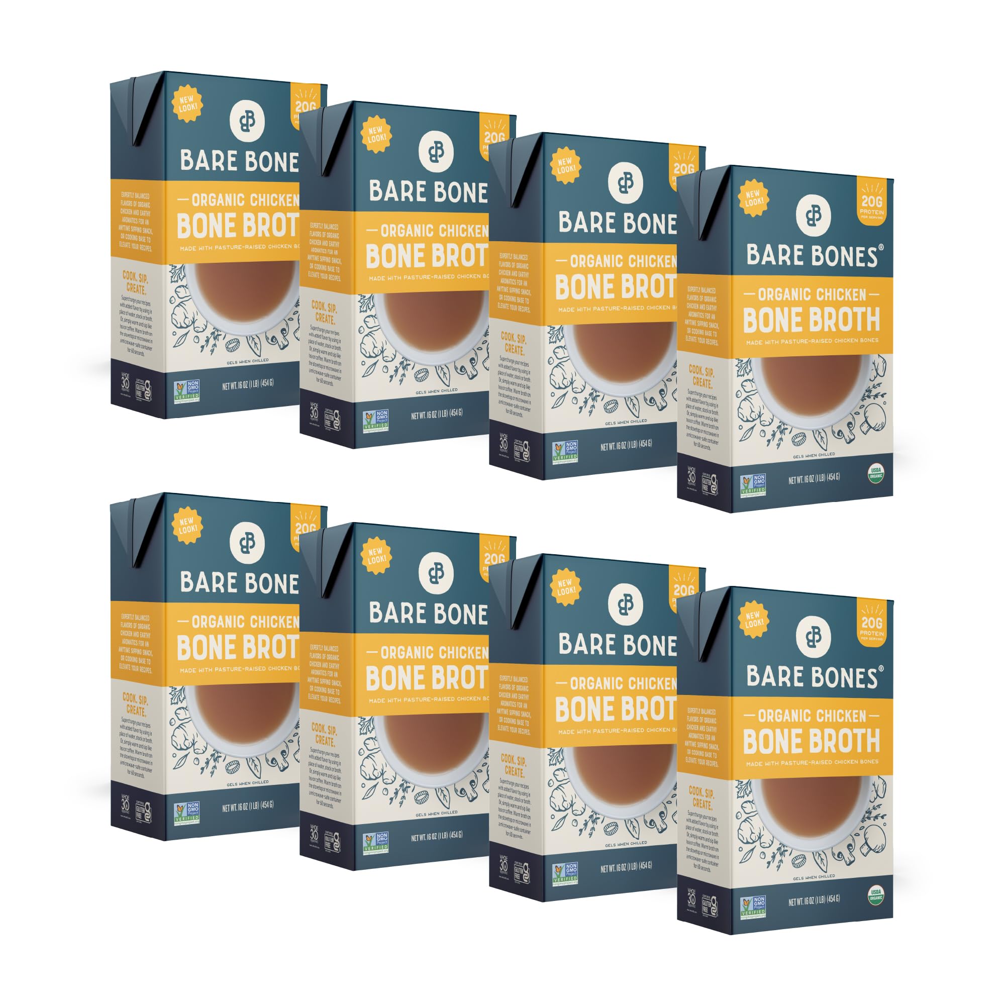 Bare Bones front packaging showing 16oz carton and label benefits